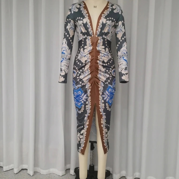 Deep V Draped Slim Office Dress Summer Printed Patchwork Long Sleeved PartyDress - Picture 2 of 7